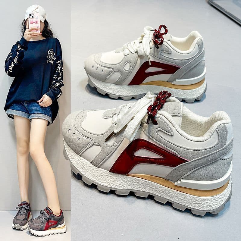 Sapatos femininos de sola grossa com cadarço e cano baixo sapatos casuais femininos 2025 outono novo estilo respirável d