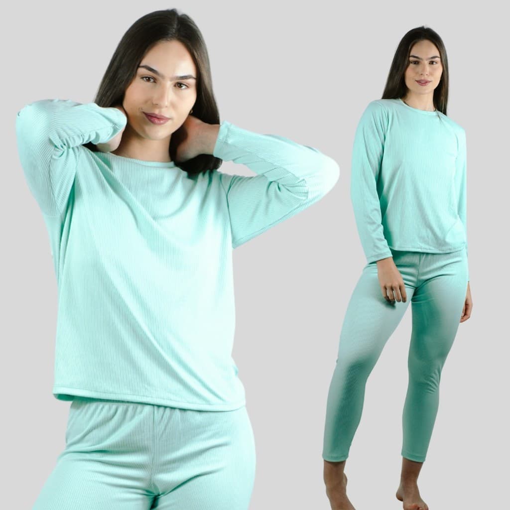 Pijama Feminino Canelado Longo  Algodão Tecido Leve Confortável Escolha a Cor