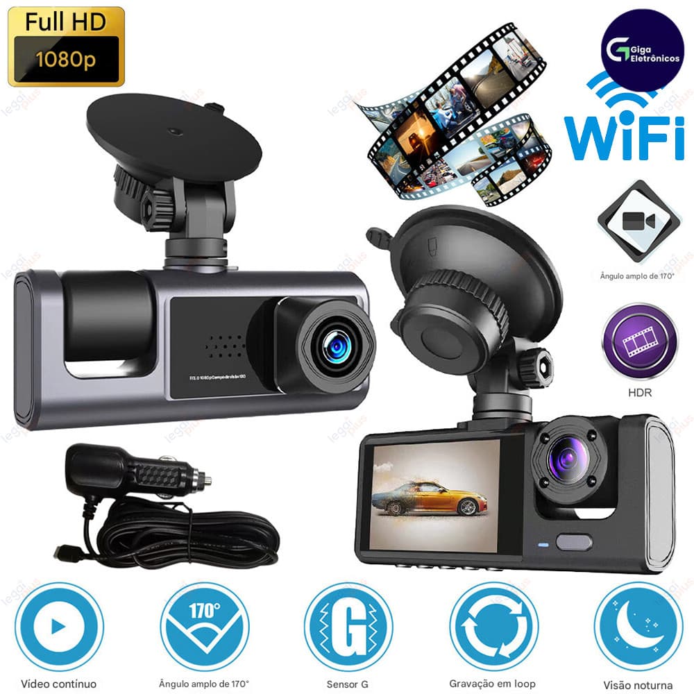 Câmera de Segurança Veicular com Wi-Fi - Tripla Lente em HD 1080P para Monitoramento Completo  Armaz 64GB