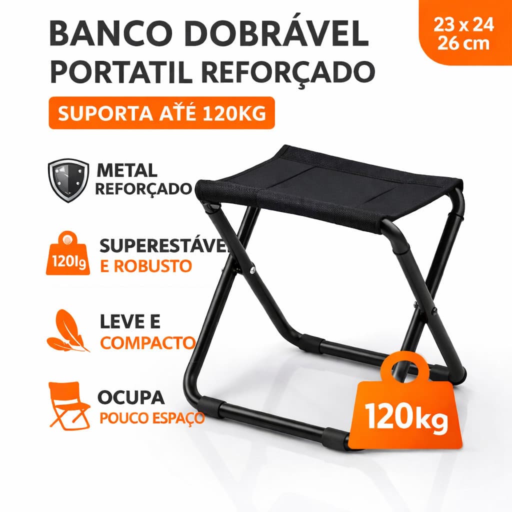 Banquinho Dobrável Portátil Reforçado Estrutura em Metal Compacto Leve Resistente