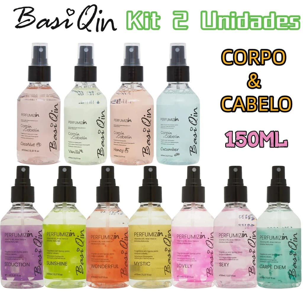 Kit 2 Unidades Body Splash Perfume Capilar BasiQin 150ml - Combo Hidratação (Corpin e Cabelin)