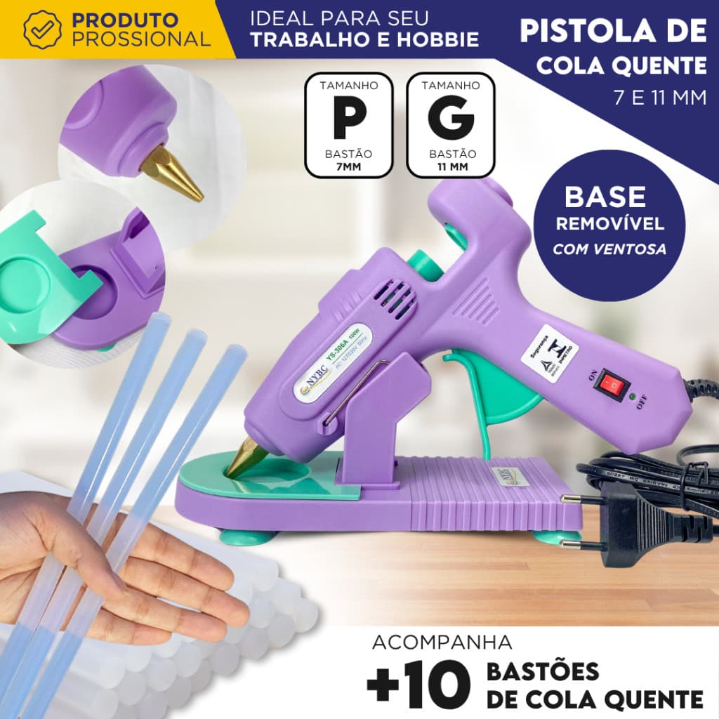 Pistola de Cola Quente Profissional 7mm e 11mm com Botão Liga Desliga + 10 Bastões | Base com Ventosa
