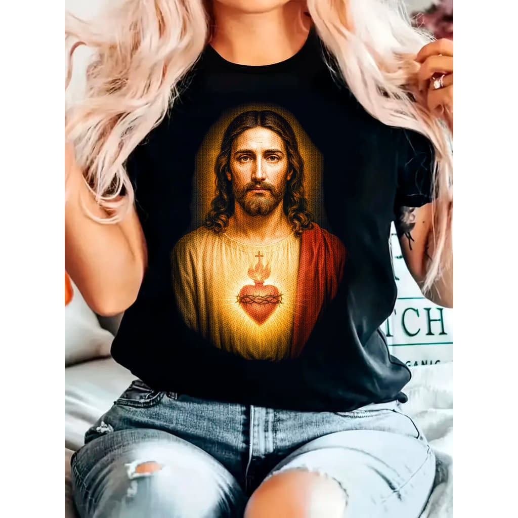 Camiseta Feminina Sagrado Coração de Jesus Estampa Religiosa 100% Algodão Leve Confortável Femenina