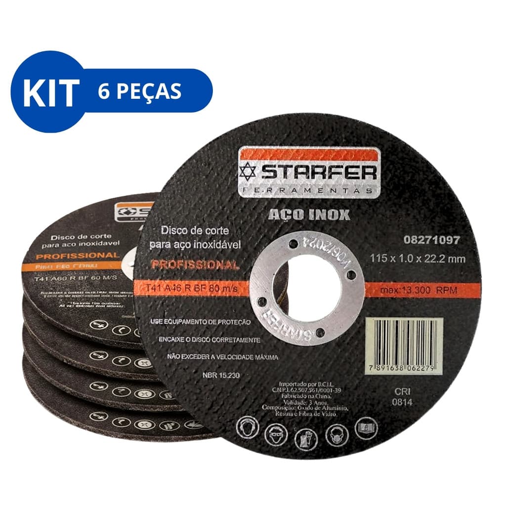 Kit 6 Disco de Corte Fino p/ Ferro Aço iInox Esmerilhadeira e Lixadeira 7/8"