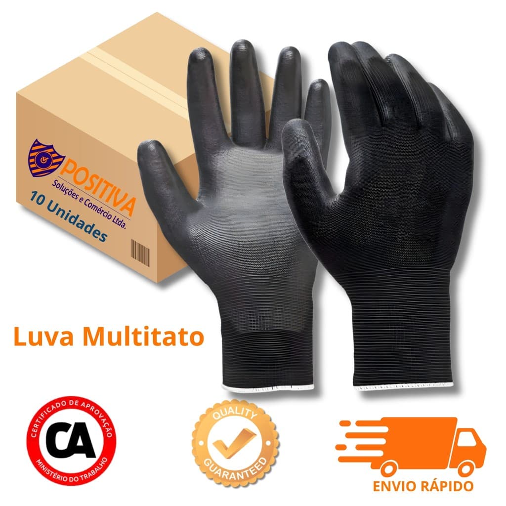 Kit 10 Pares Luva Multitato Tátil PU Multiuso Proteção Pedreiro Marceneiro Mecânico Manutenção Geral Antiestática CA