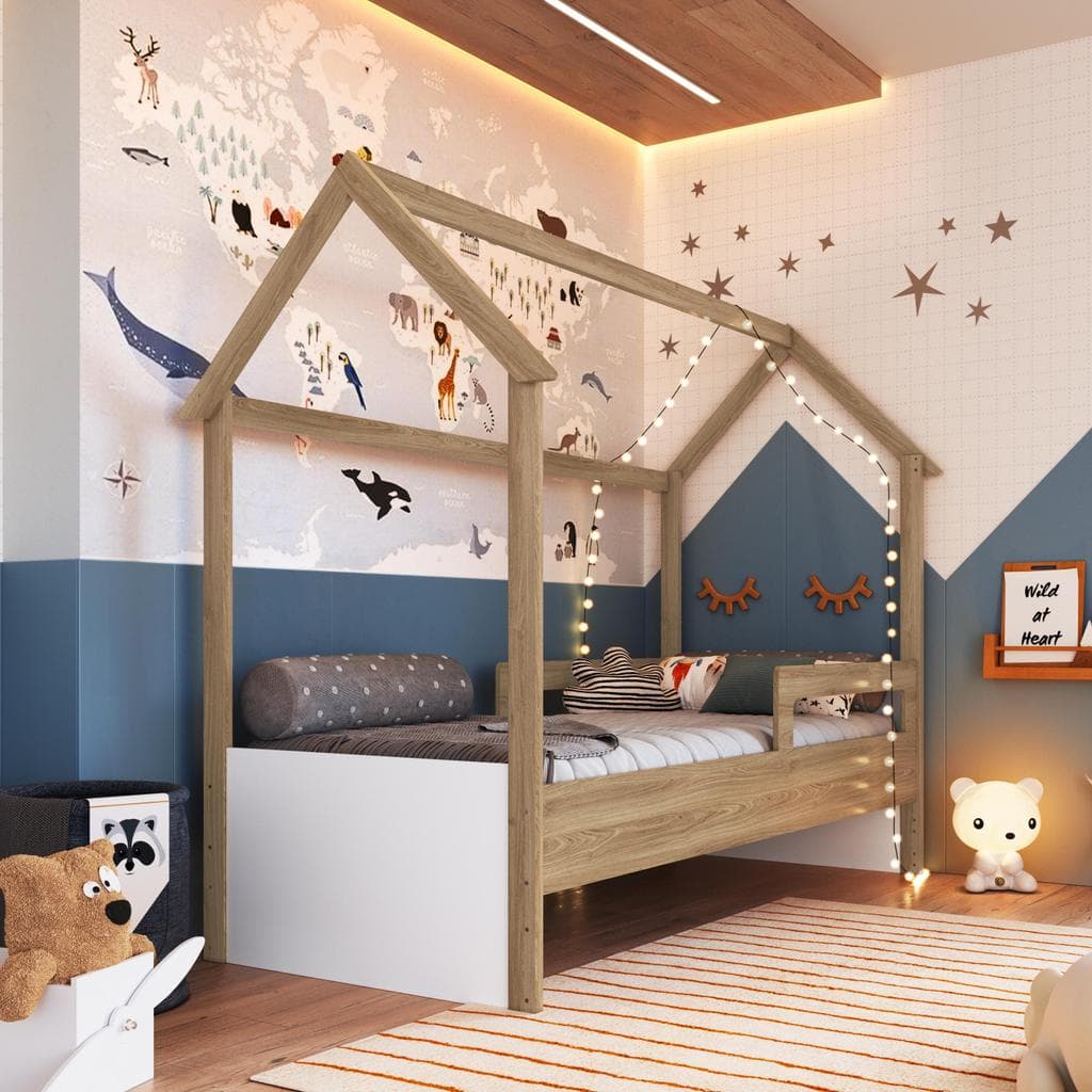 Cama Infantil Casinha Montessoriana Solteiro 188x78 com 2 Regulagens Proteção Lateral Aveiro/Branco