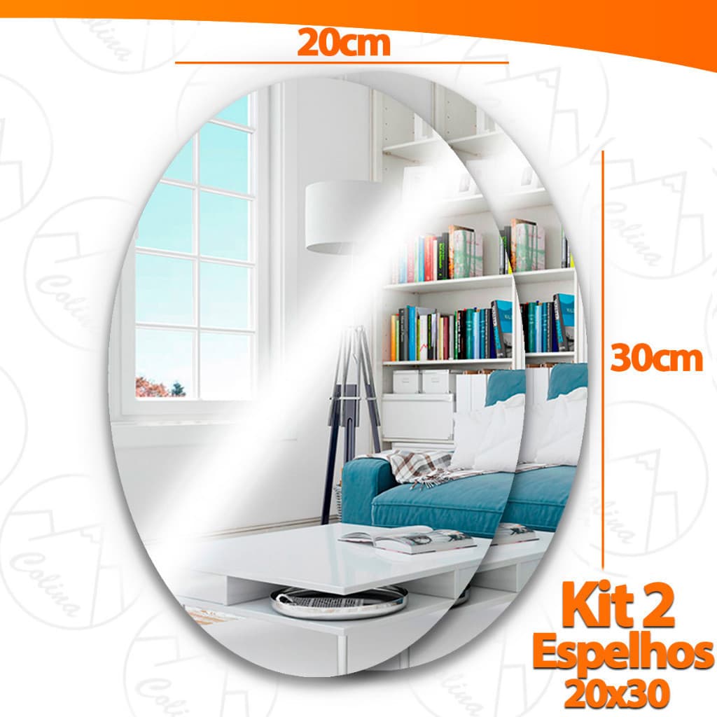 Kit 2 Espelho Adesivo Acrilico Oval 20x30cm Boa Nitidez Decorativo Sala Banheiro
