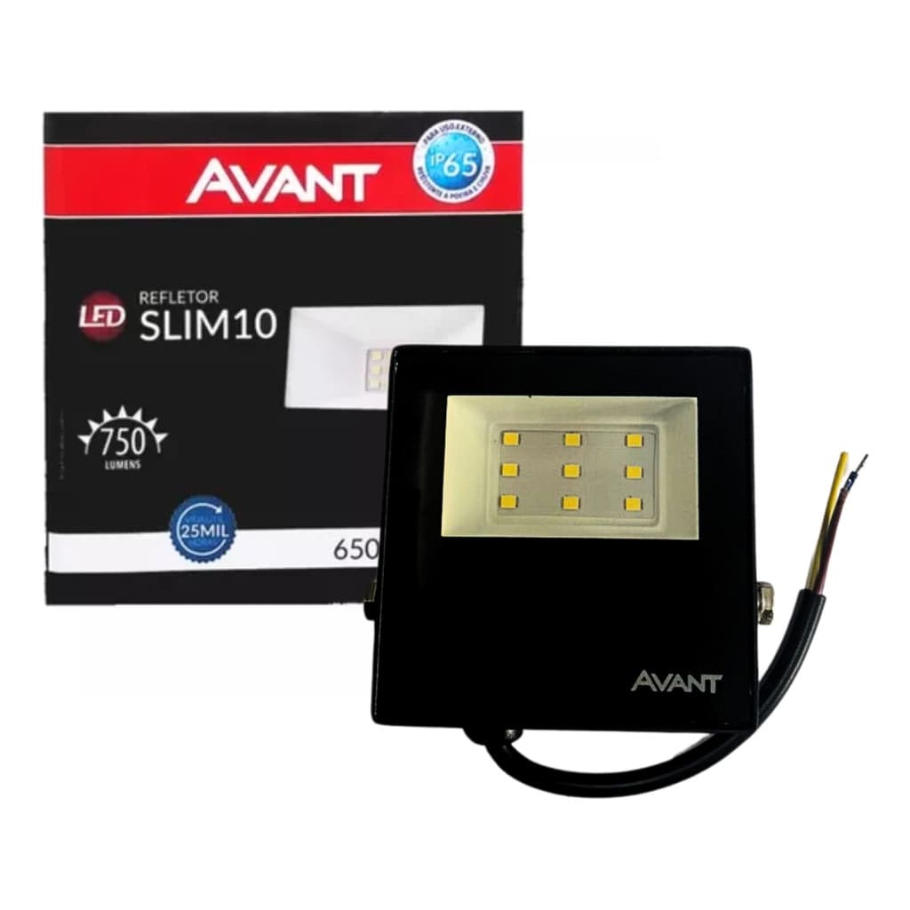 Refletor Led 10w Slim Branco Frio Ip65 Avant Preto