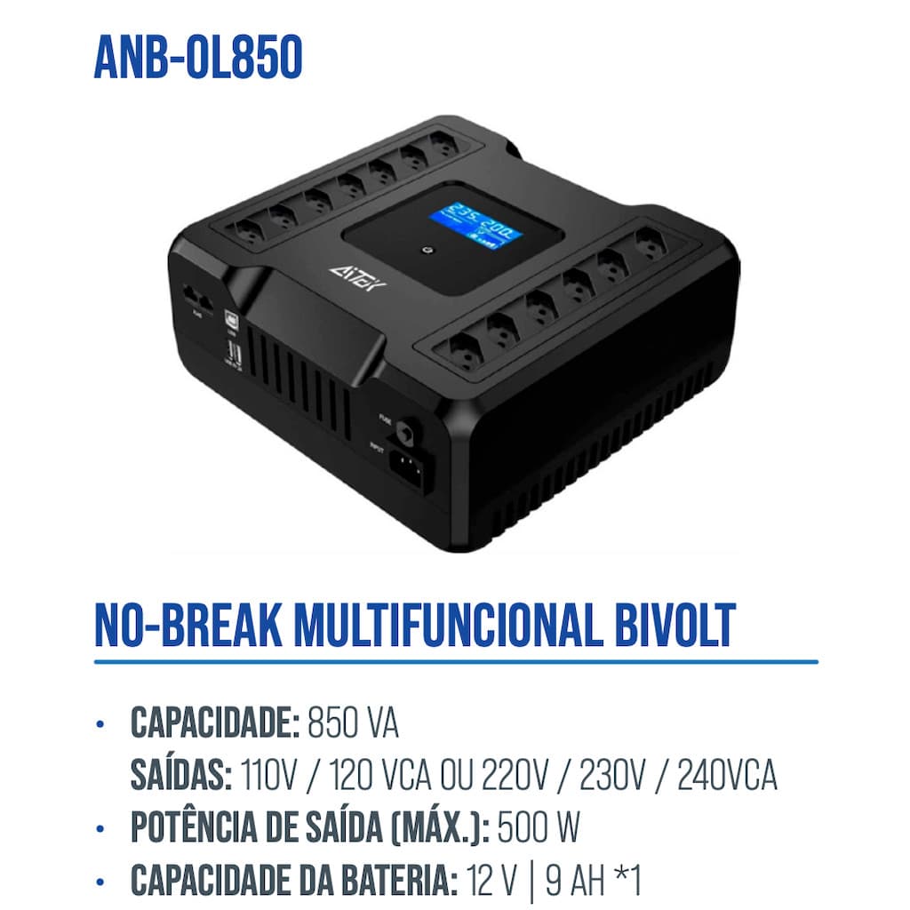 NOBREAK 850VA ENTRADA BIVOLT / SAIDA BIVOLT 110V / 220V ANB-OL850