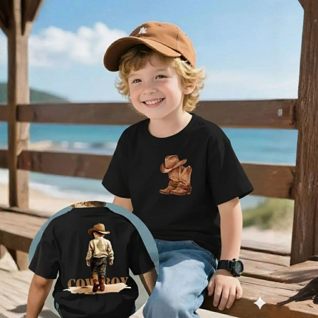 Camiseta Infantil Country Cowboy Estampa Costas e Frente Rodeio Texas Moda Agro Camisa 100% Algodão
