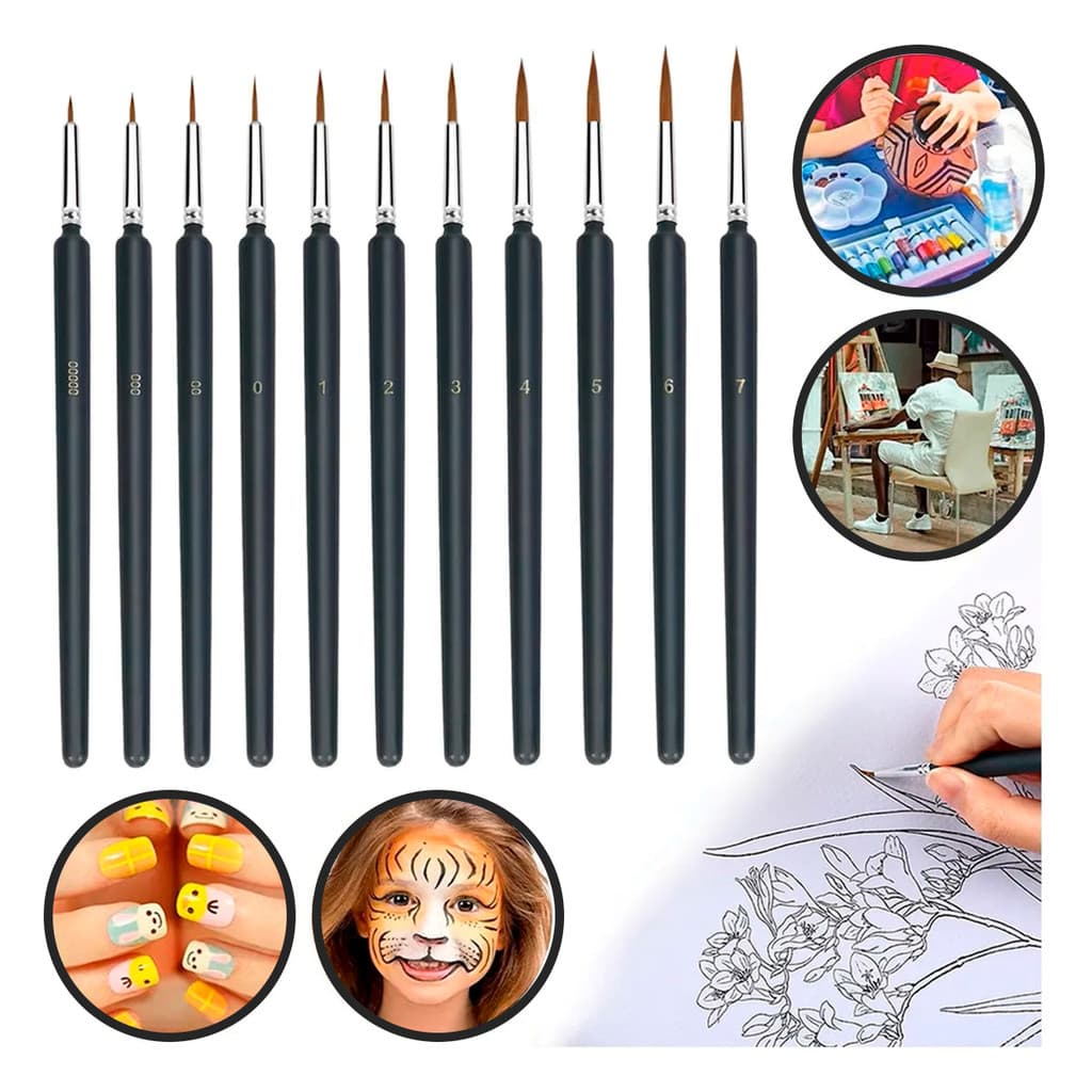 Kit 11 Pincéis Traços Finos Para Pintura Tela Aquarela Ponta Fina Artesanato Tinta Guache Óleo Arte