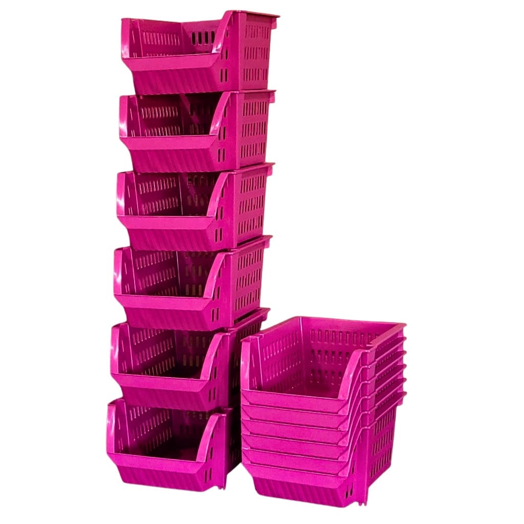 10 Cesto Rosa Caixa Bin Empilhável Organizador Expositor Estoque Loja Plástico 13x25cm