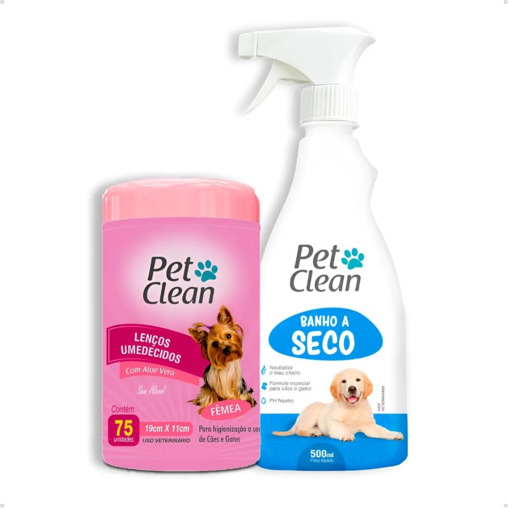 Kit Banho a Seco Pet Clean 500ml + Lenço Fêmea