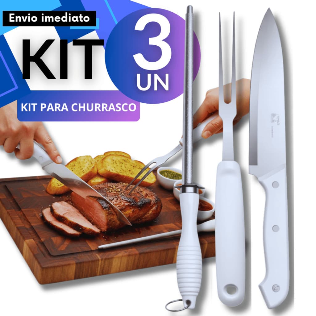 Conjunto 3 Peças Kit Churrasco Inox Faca Garfo Chairo Afiador Chaira Resistente