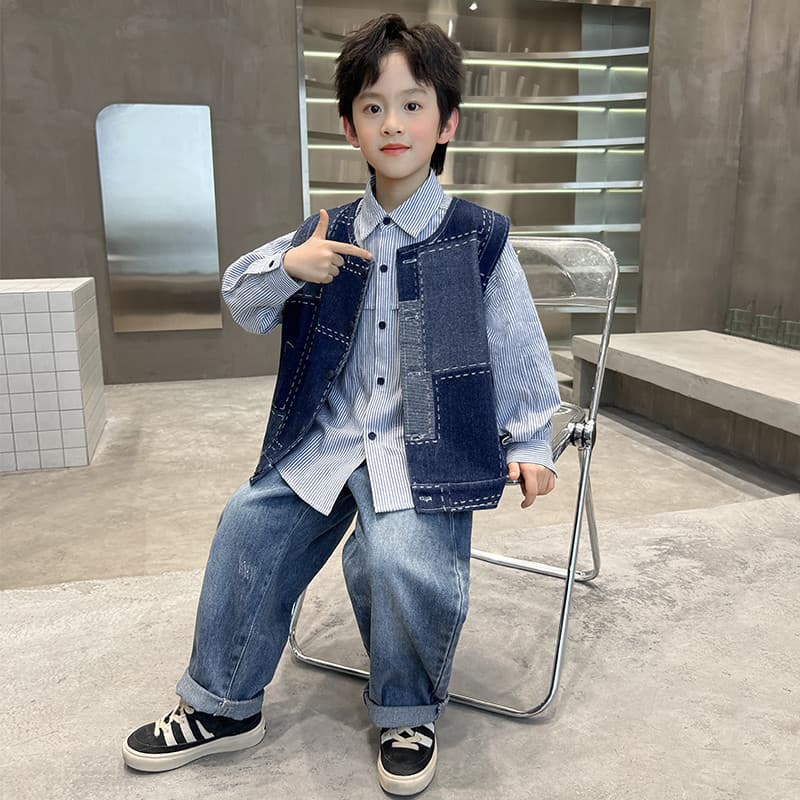 Trabalho médio meninos Retro Denim terno primavera outono colete camisa Jeans terno de três peças * ZH2475