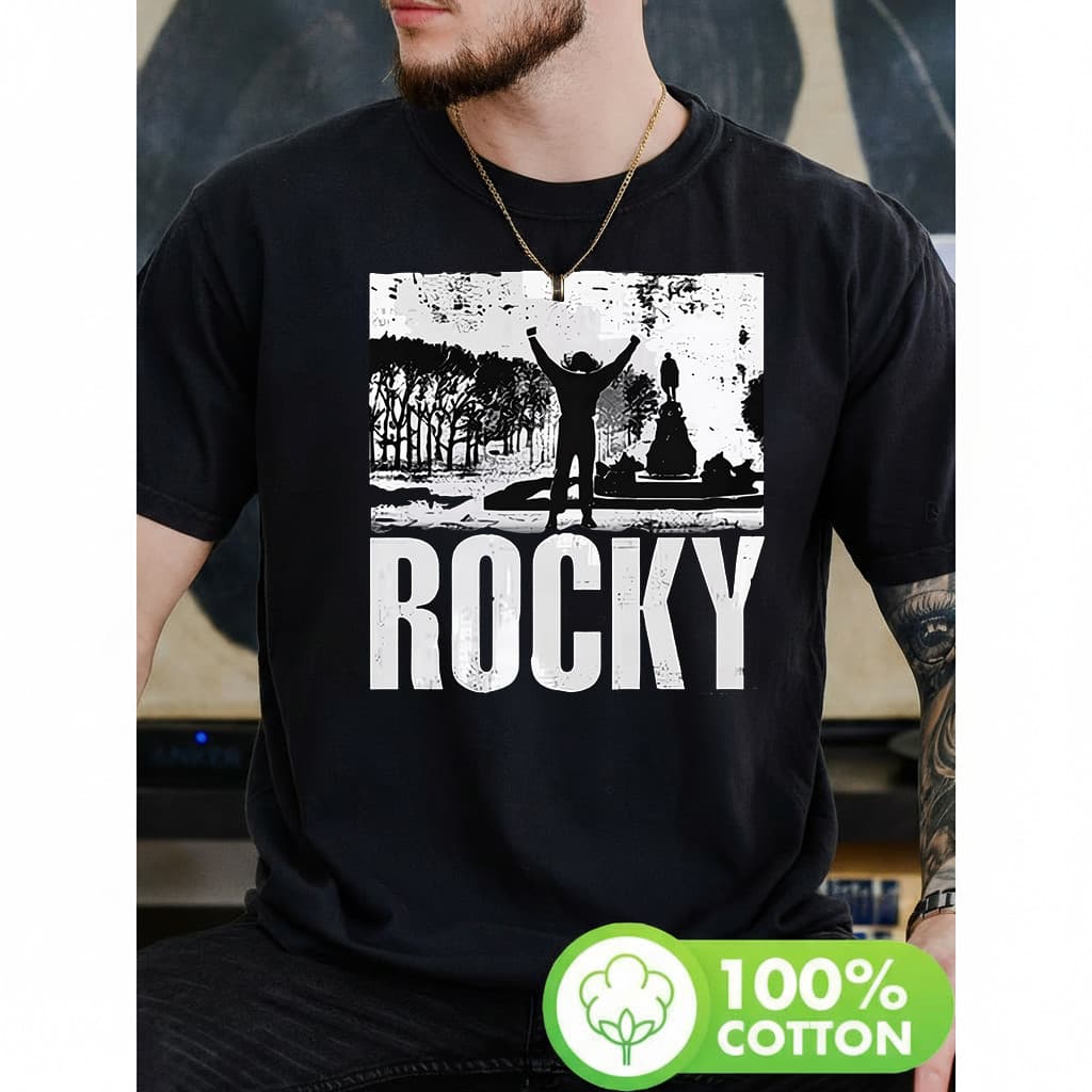 Camiseta Masculina Rocky Atemporal Moderna Premium Estampa Cinematográfica Com Silhueta de Campeão e Letra Grande Cena R