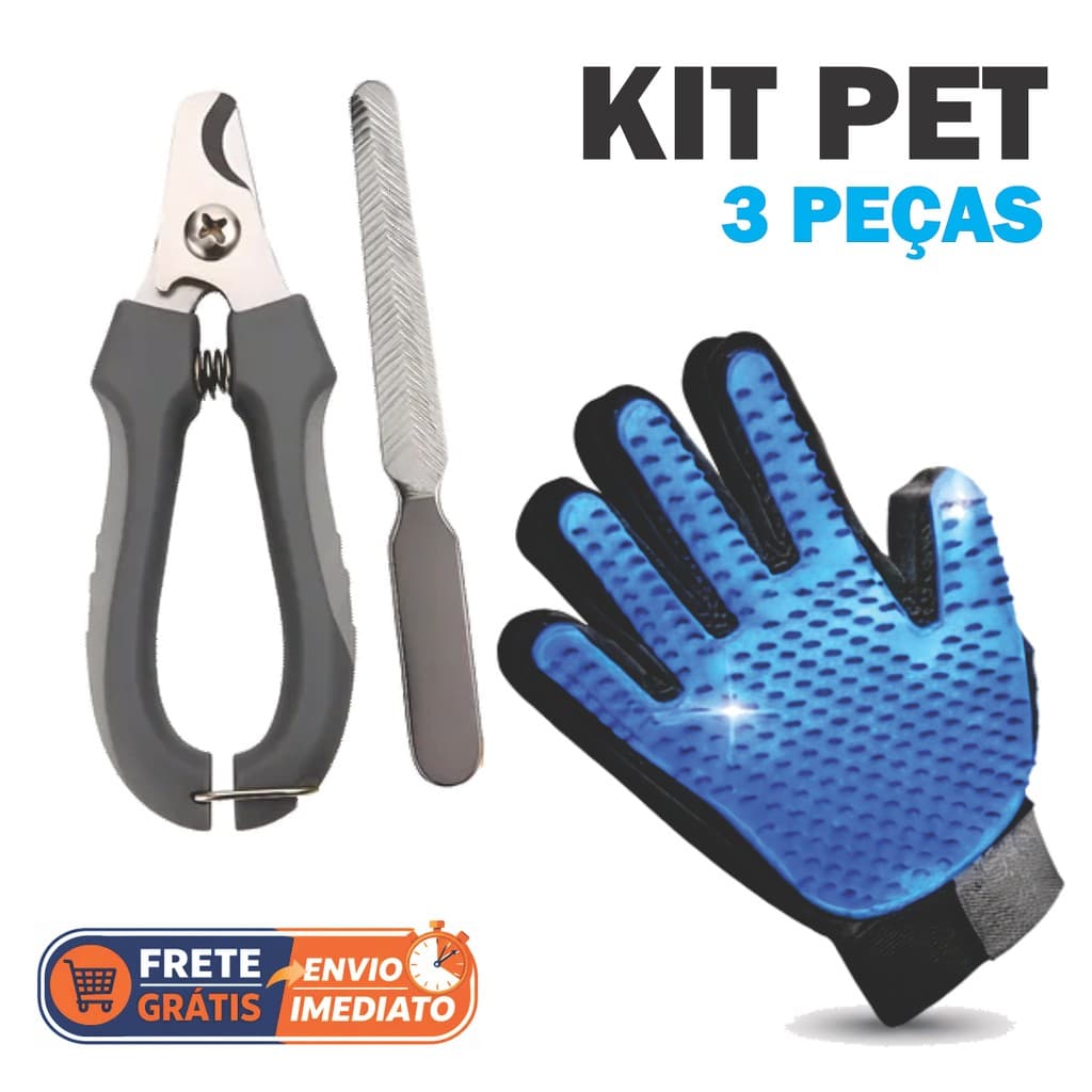 Kit Pet Alicate Cortador + Luva Tira Pelos + Lixa de Unha - Cães Filhote Gatos Cachorro