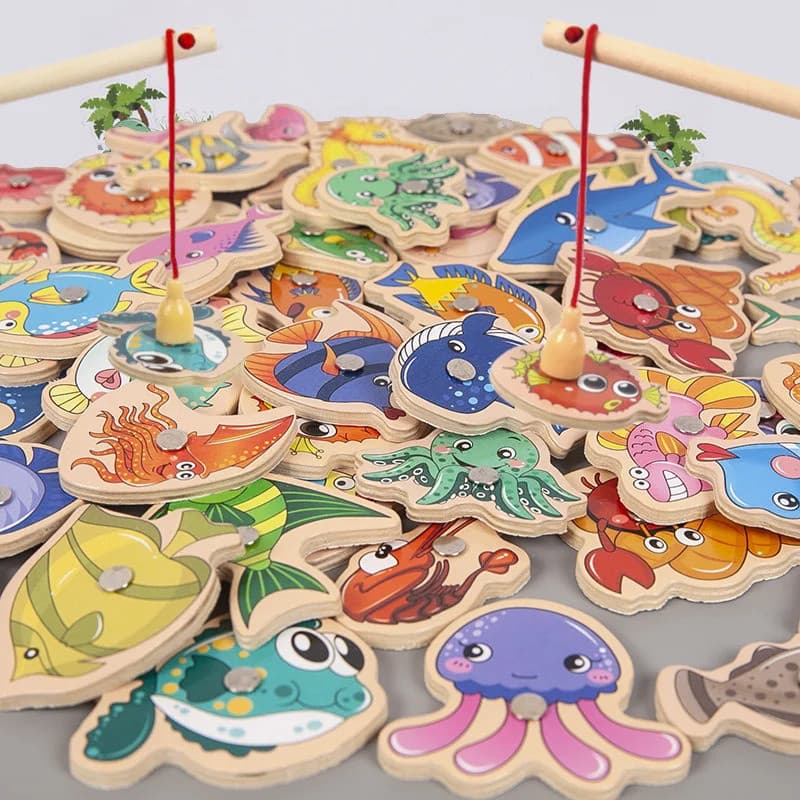 32 Pçs Jogo De Pesca Magnética De Madeira Conjunto De Brinquedos Para Crianças Dos Desenhos Animados Peixe Montessori