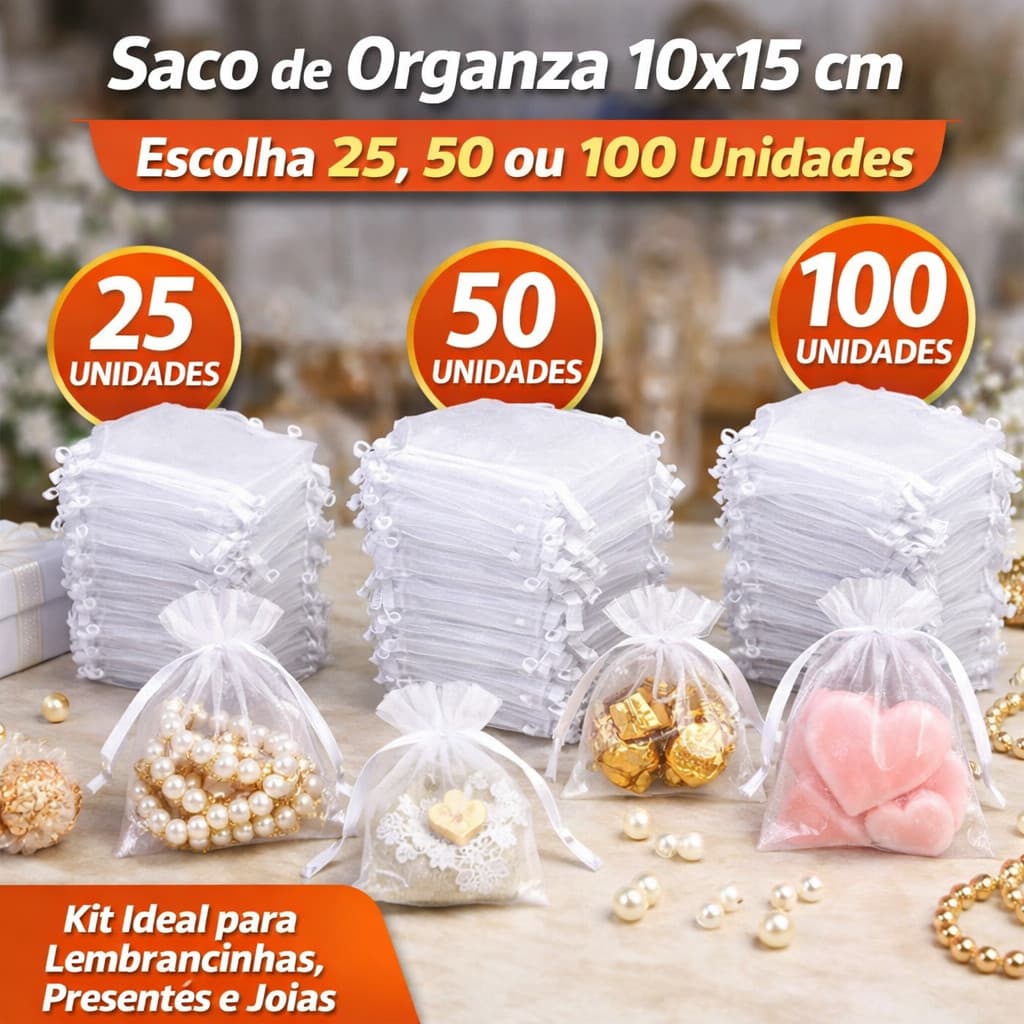 Saco de Organza 10x15 cm Kit 100 Unidades Branco Lembrancinhas Brindes Joias Embalagem Presente