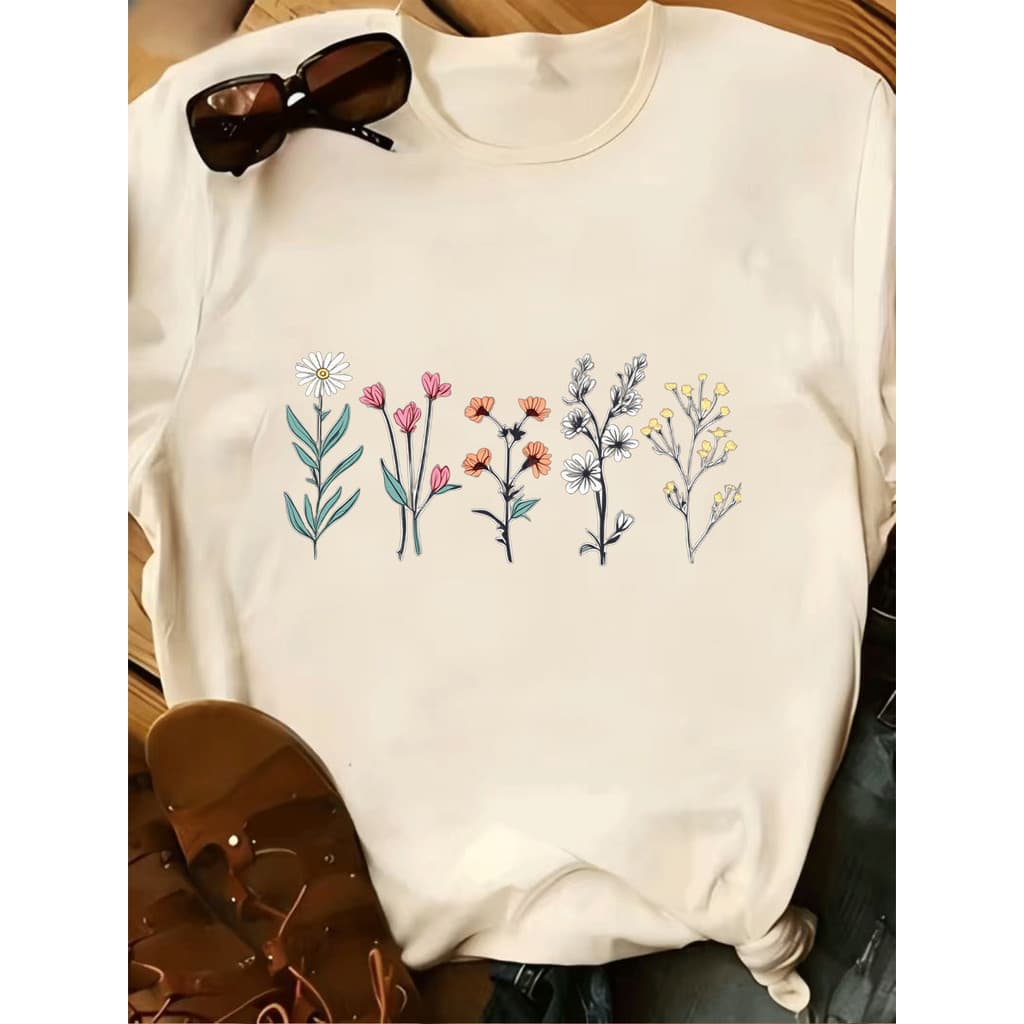 camiseta feminina estampa flores desenho fofo estilosa tendência