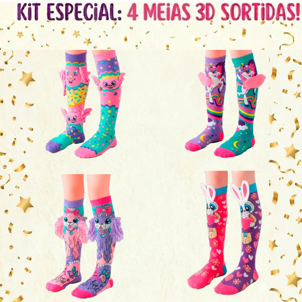 Kit 4 Meias Maluca 3d Infantil Cano Alto Personagens 006