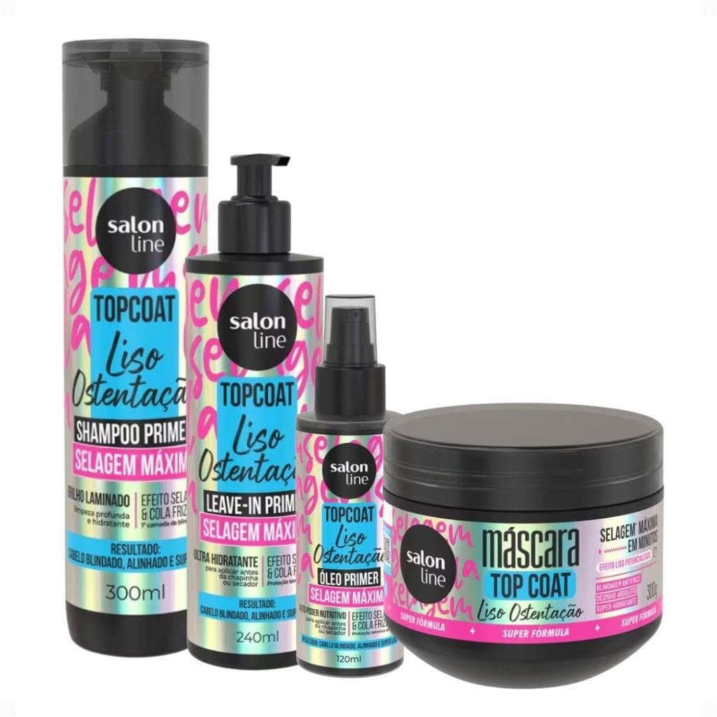 Kit Salon Line Top Coat Liso Ostentação: Shampoo 300ml, Máscara 300g, Levae-in 240ml e Óleo Capilar 120ml