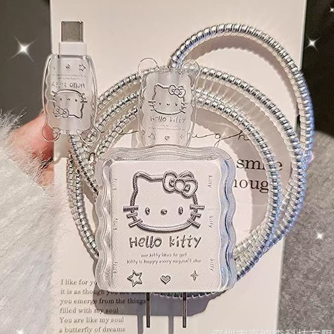 Capa protetora para carregador Apple 20W | Design minimalista ondulado, material transparente e estampa de gatinho com l