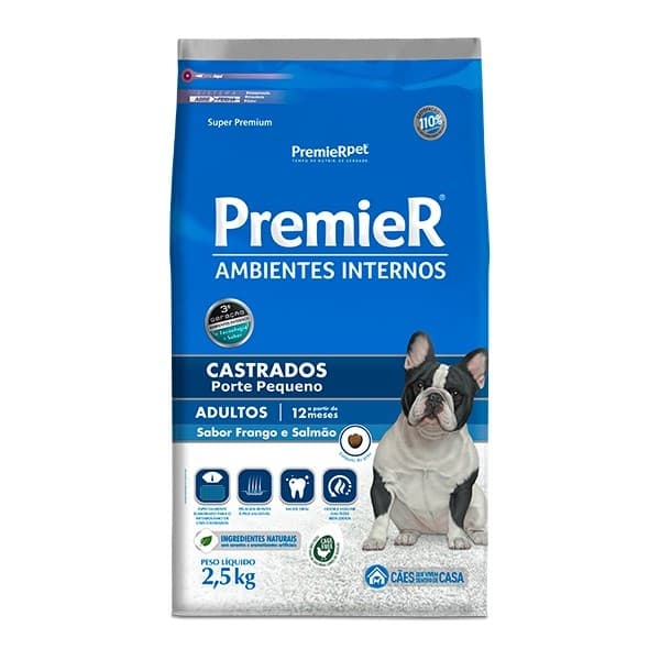 Ração Premier Ambientes Internos para Cães Adultos Castrados de Pequeno Porte Sabor Frango e Salmão - 2,5Kg