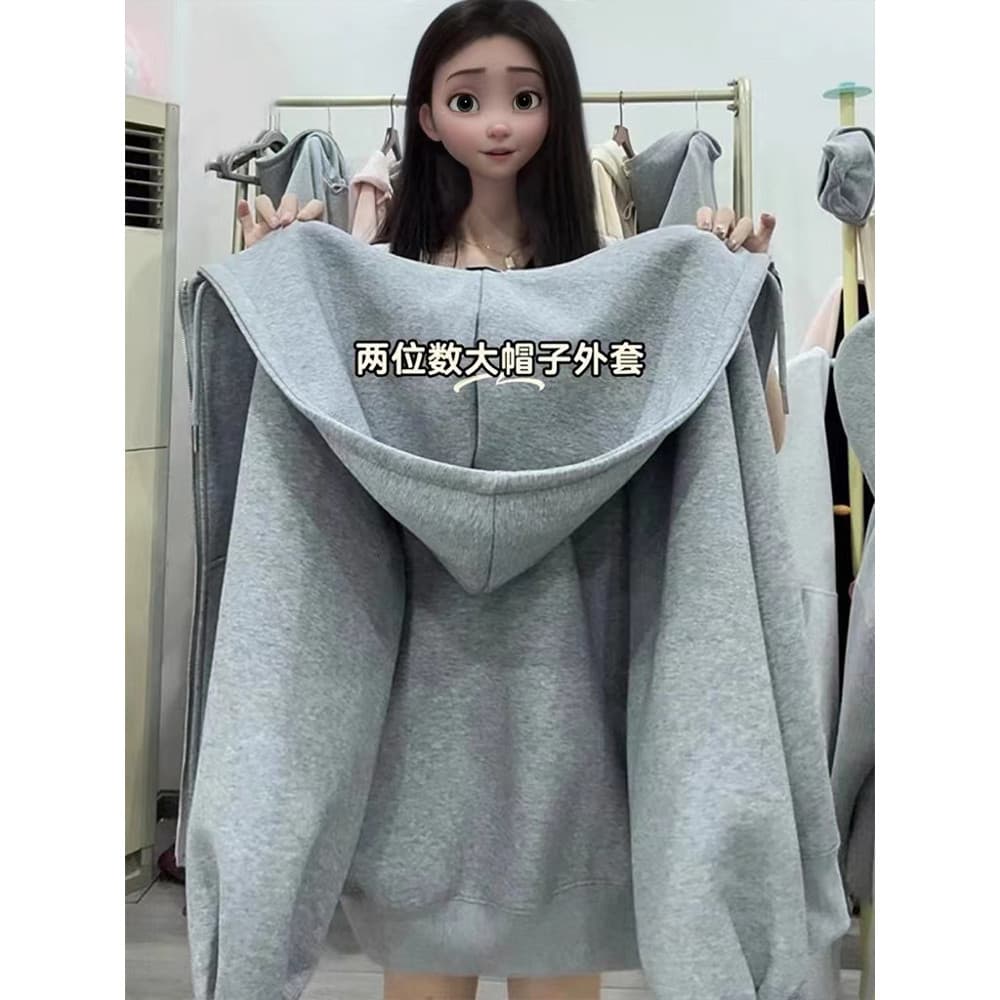 Cinza com capuz moletom jaqueta feminina primavera forro de lã fina 2026 novo estilo estilo estilo coreano chapéu grande