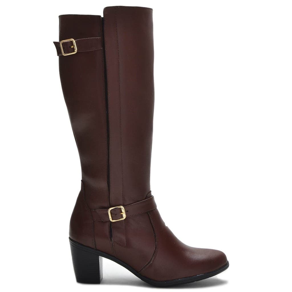 9206AT-Bota Montaria Feminina Couro Legítimo Cano Alto Salto Médio