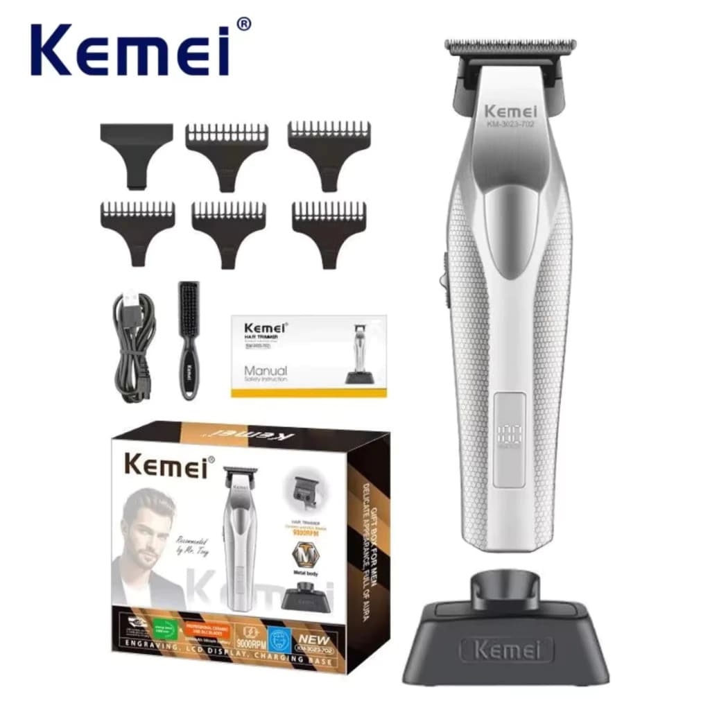 Maquina de Cortar Cabelo Turbo 9000 RPM Profissional Recarregável com Base Kemei KM-3023-702