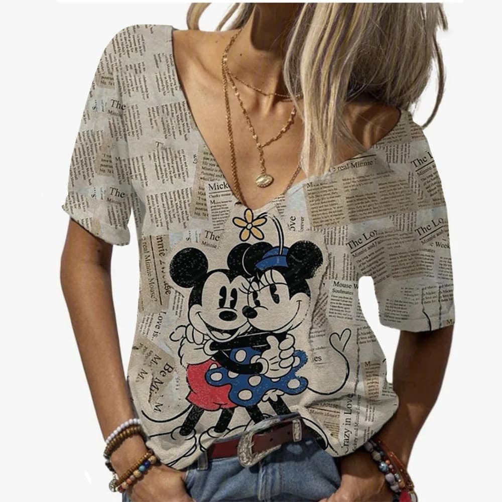 Camiseta Disney Mickey Mouse Com Decote Em V – Moda Casual Fofa Para Mulheres