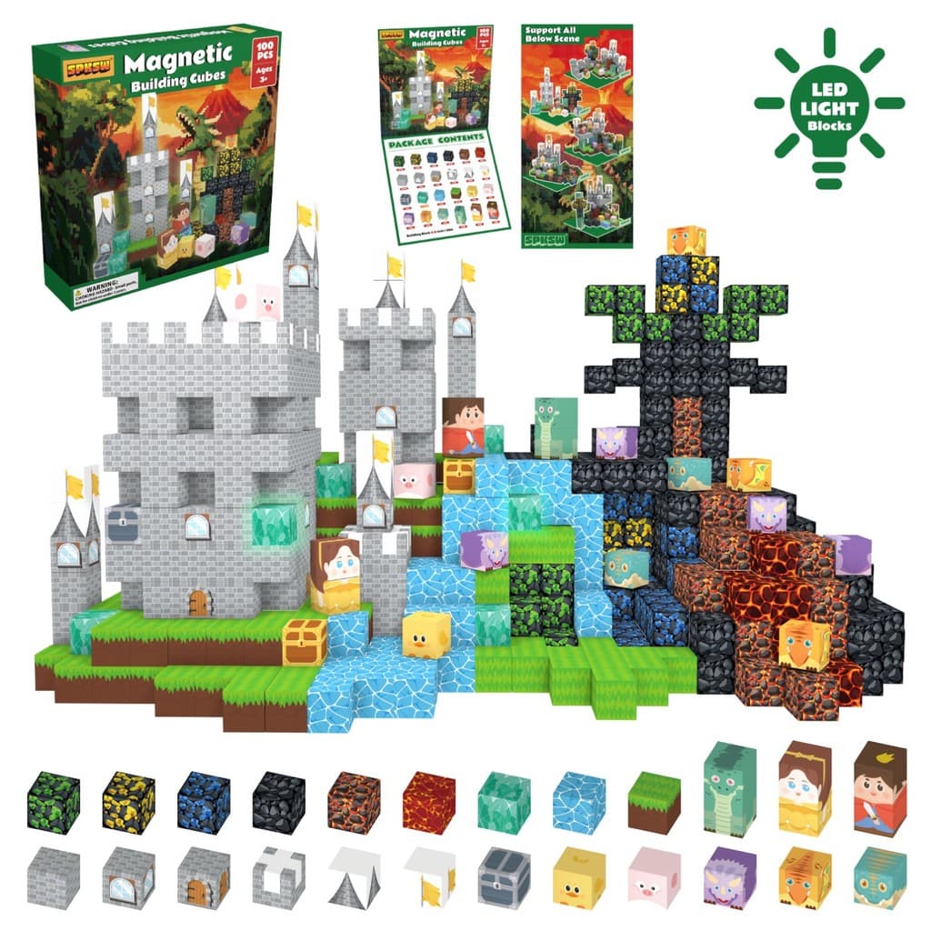 100 Pcs Cubos De Construção Magnéticos Com Tema De Dinossauro Infantil Blocos De Luz LED Castelo Aventura Temático STEM
