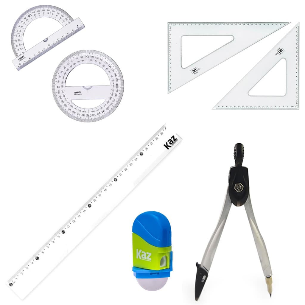 kit escolar geometria compasso transferidor régua 30cm esquadro apontador com deposito e borracha