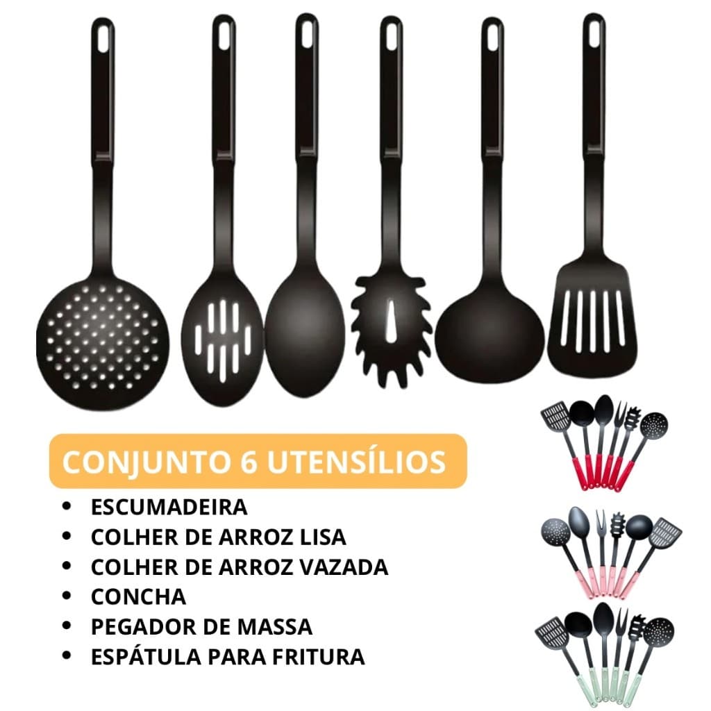 Kit de Cozinha Premium Conjunto 6 Peças Utensílios Resistentes Espátula Concha Colheres