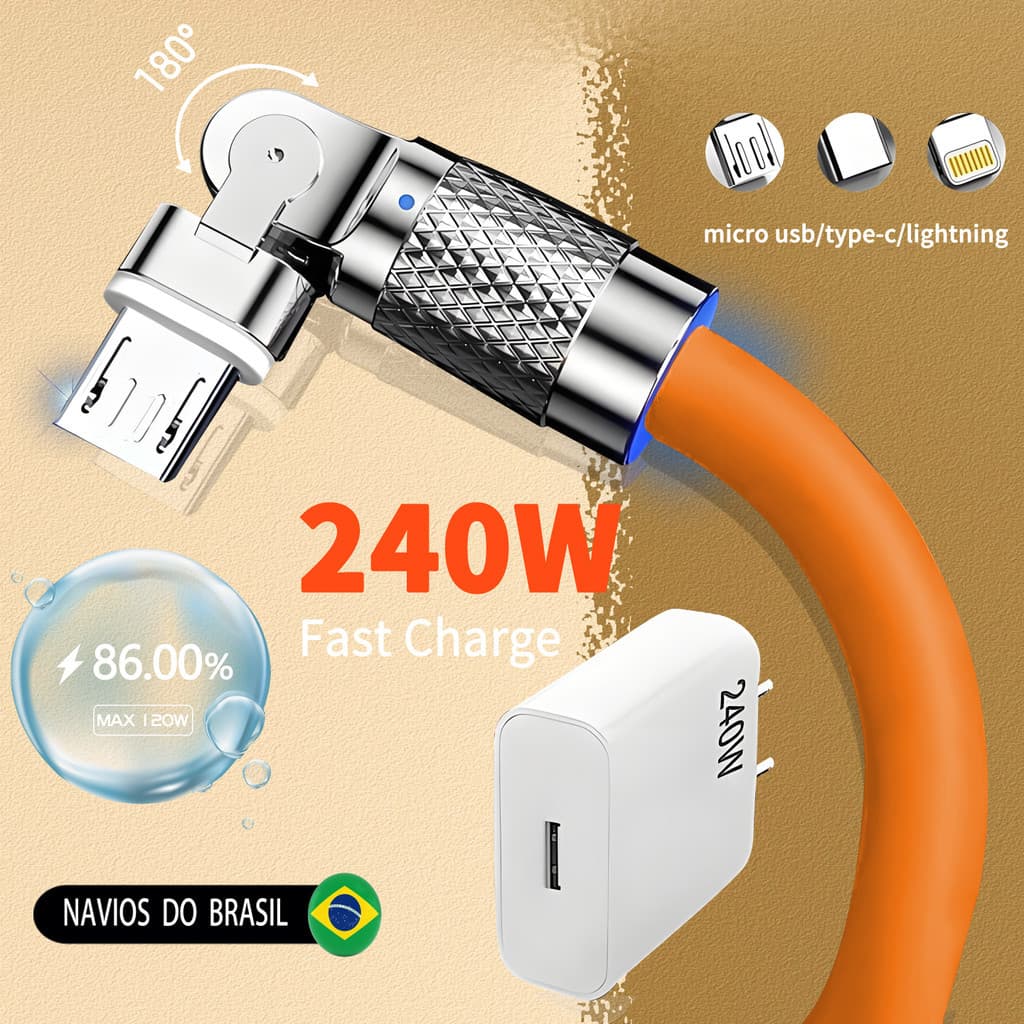Carregador Super Rápido De 240 W Com 180 ° Cabo De Carregamento De Rotação Para Cabos Giratórios Tipo C Micro USB iOS De