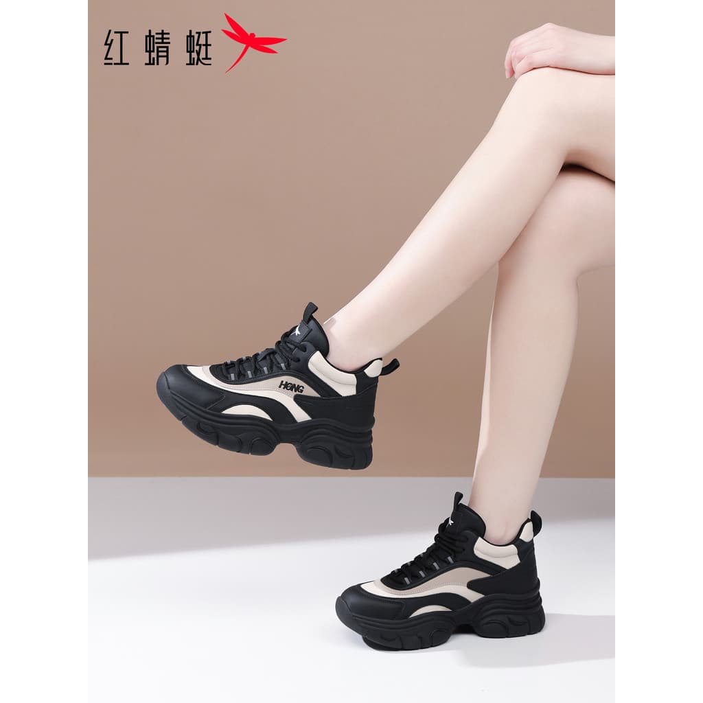 Libélula vermelha sapatos femininos outono inverno sapatos esportivos femininos de sola grossa aumentado papai sapatos f