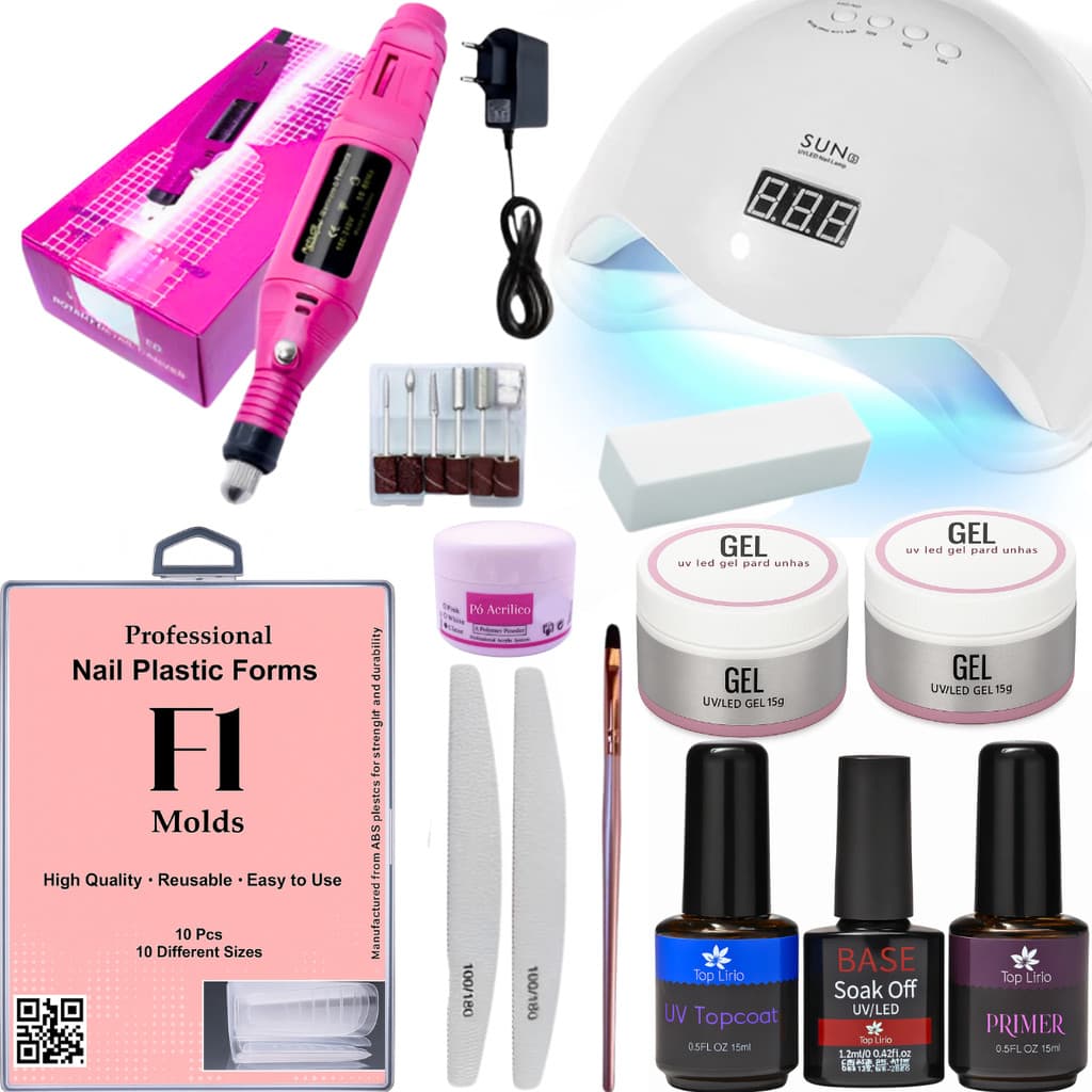 Completo Kit Unhas De Gel Molde F1, Cabine Sun 5 e Lixadeira Elétrica