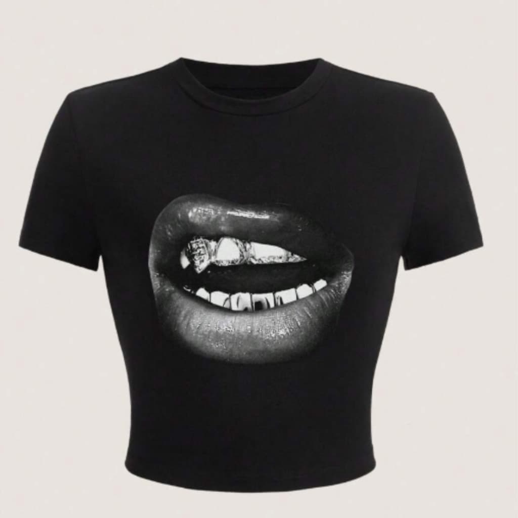 Blusa Cropped Feminino Estampa Boca Estilosa Moda Y2K Streetwear Tumblr Fashion