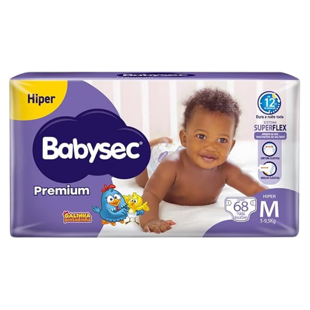 1 Pacote Econômico Fralda BabySec Premium Galinha Pintadinha Hiper M 68un - Bebê sequinho por mais tempo