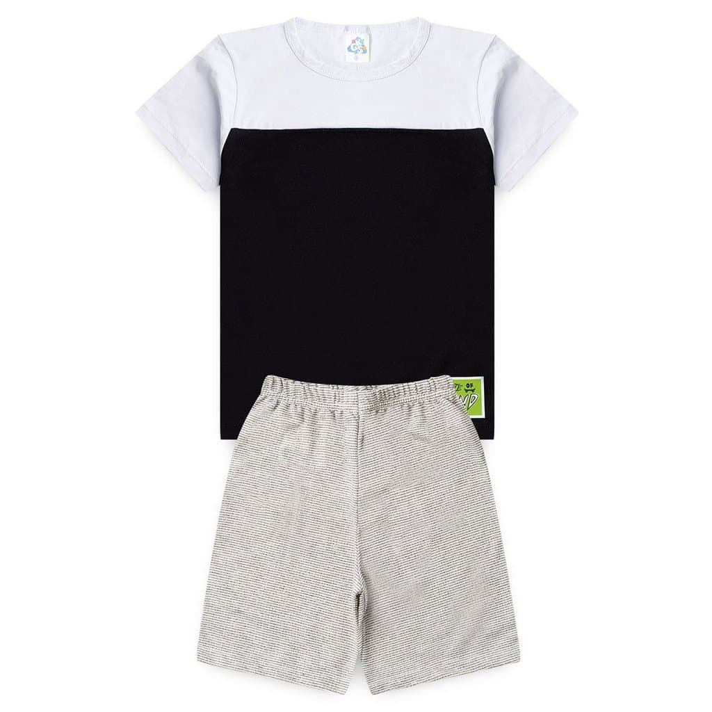 Conjunto Infantil de Verão para Menino Camiseta Meia Malha com Recortes Bicolor Skate Of Mind Bermuda Moletinho