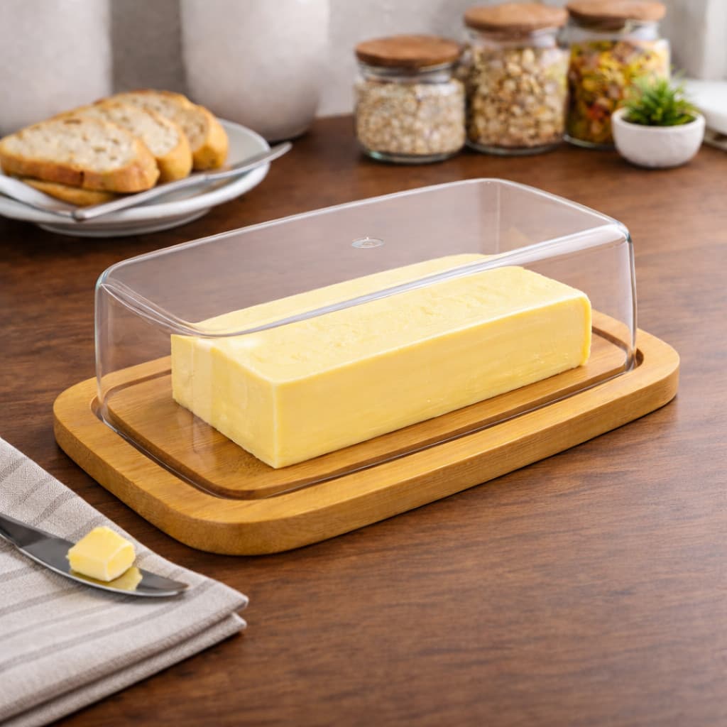 Manteigueira Porta Manteiga de Bambu e Tampa de Acrílico Transparente - Ideal para Frios e Queijo