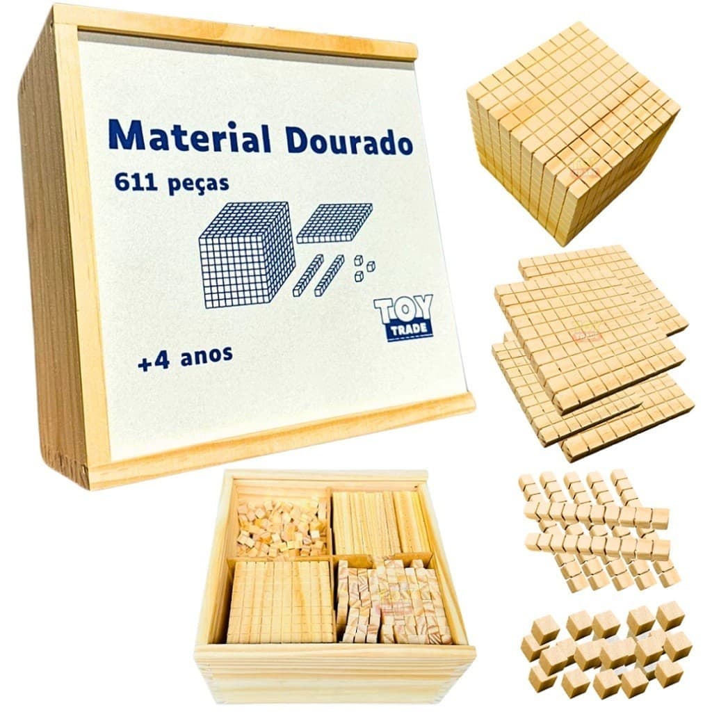 Material Dourado com 611 Peças em Madeira – Toy Trade Ensino da Matemática Base 10 Completo