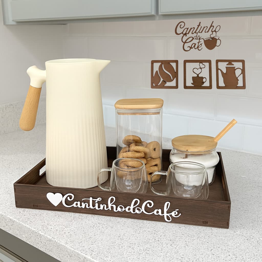 Conjunto Bandeja Com Frase E Quadros Cantinho Do Café MDF Organização Elegante Cozinha Área Gourmet
