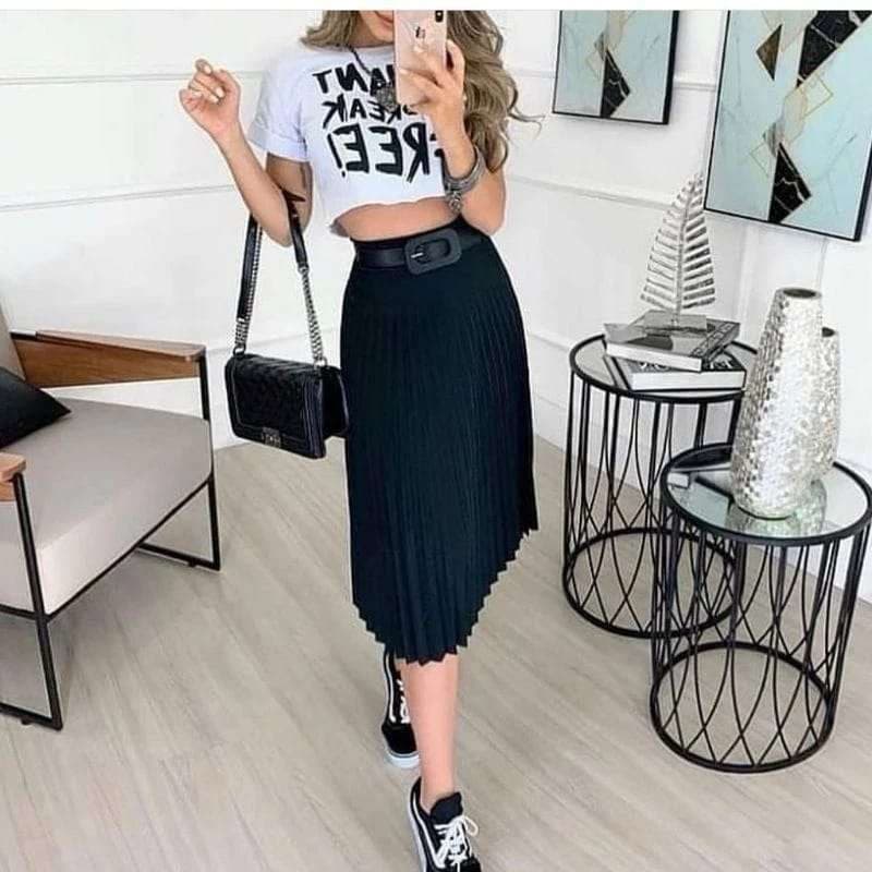 Saia Midi Plissada Moda Feminina Evangelica Com Forro Cintura Alta