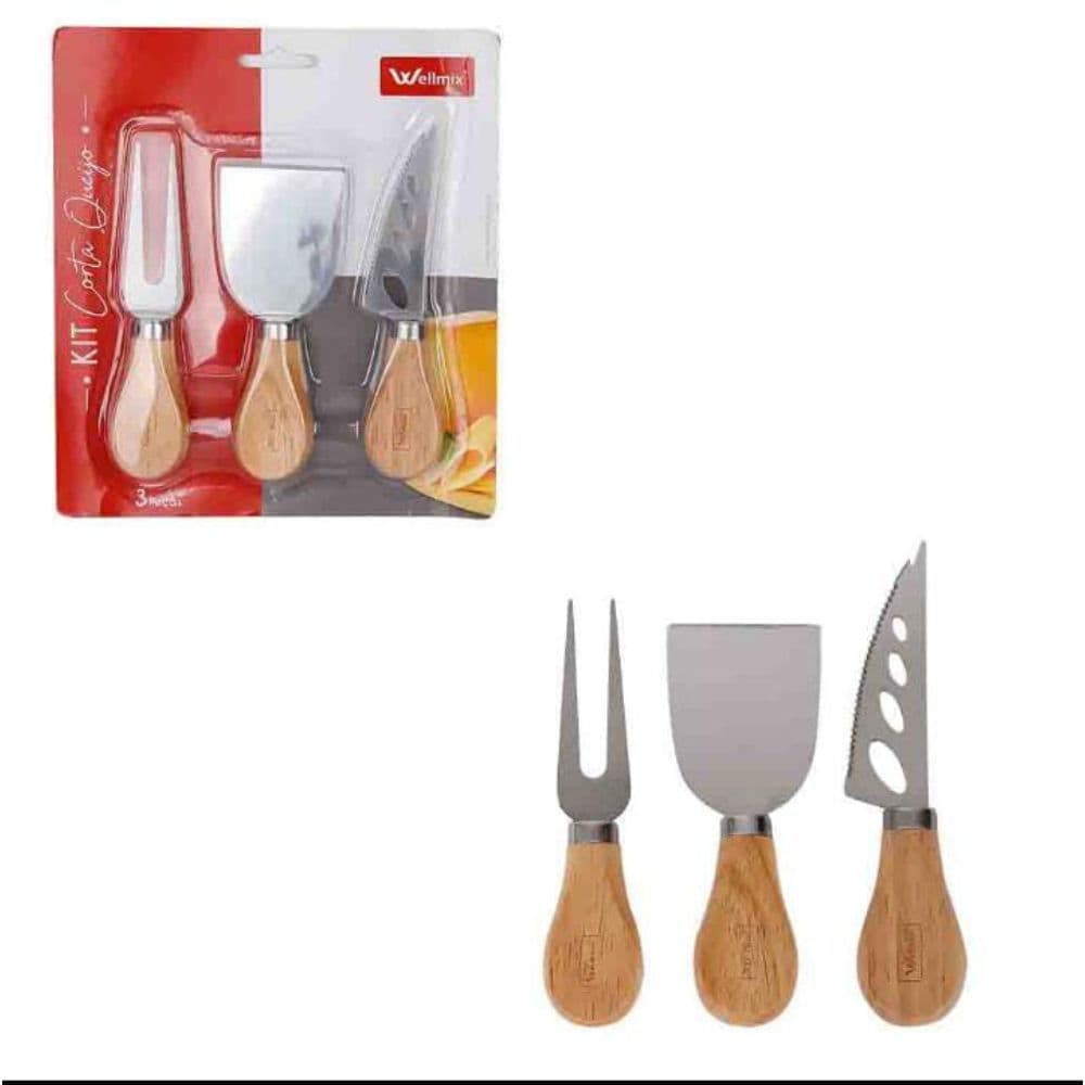Kit Queijo 3 Peças Cabo Madeira Gourmet Presente Dia dos Pais