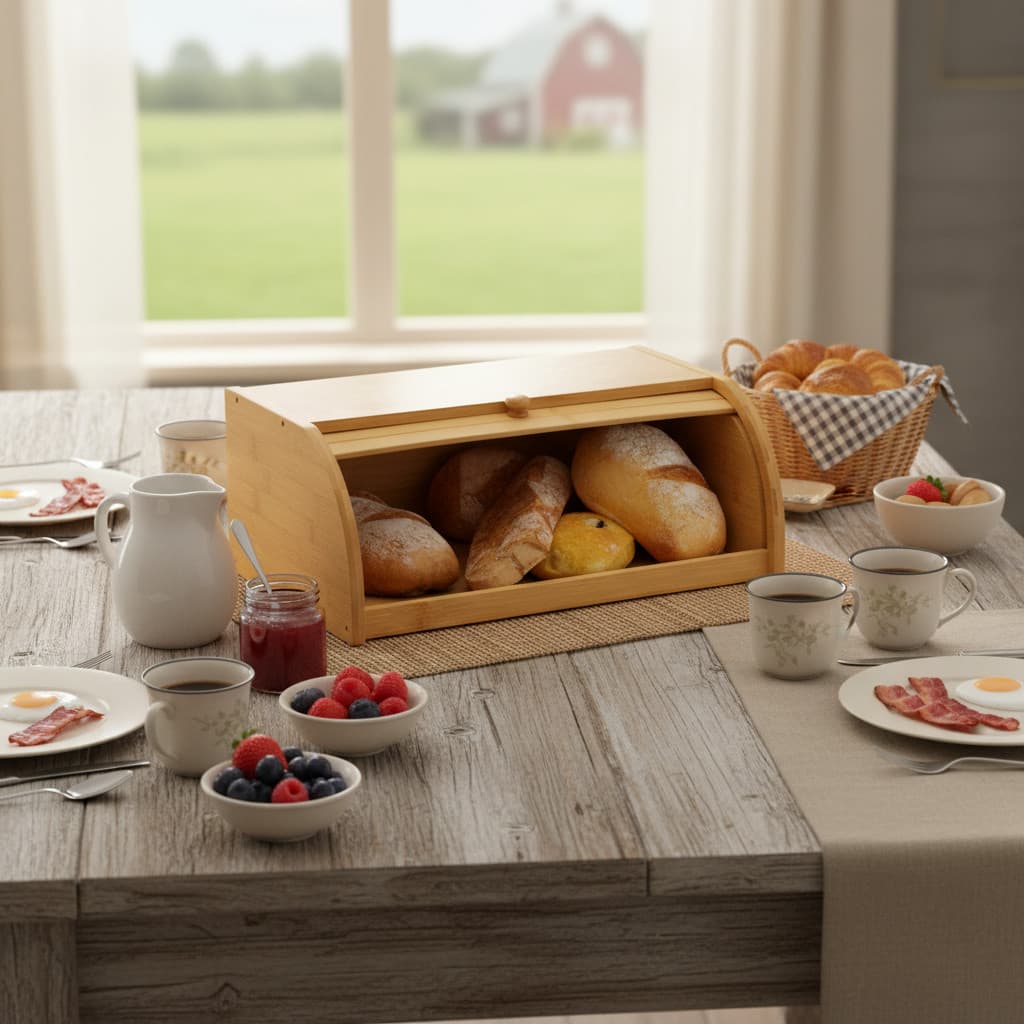 Porta Pães Bambu Grande Premium Com Tampa Retrátil Baú de Armazenamento Cozinha Organizada