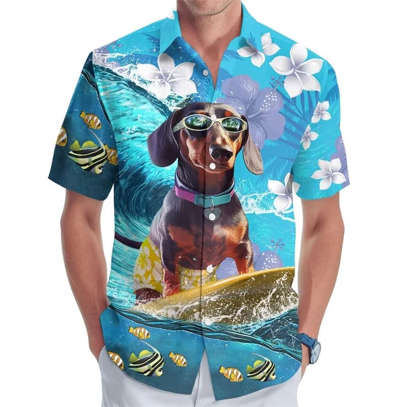 Camisa Masculina Casual de Verão com Estampa 3D de Cão Sausage Havaiano, Botões, para Surf e Praia, Tamanho Extra Grande