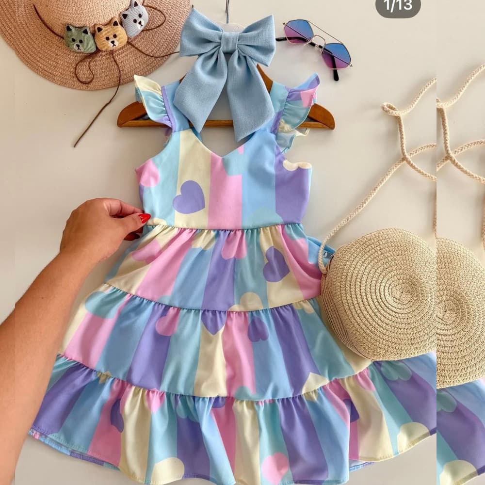 Vestido Menina 3 Coração Cor Pasteis Luxo