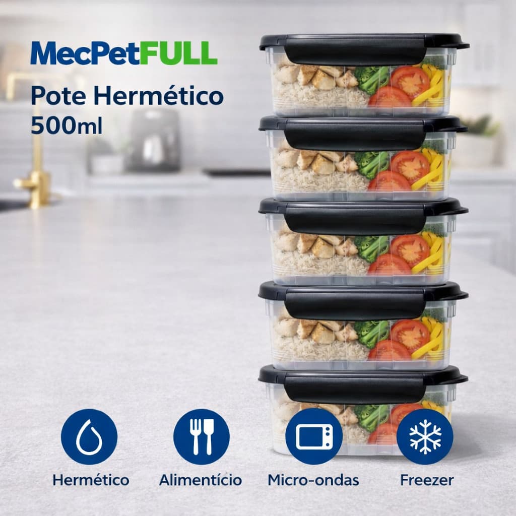 Kit 10 ou 5 Marmita Pote 500ml Travas Laterais reutilizável - Livre de BPA Alimentos Organiza